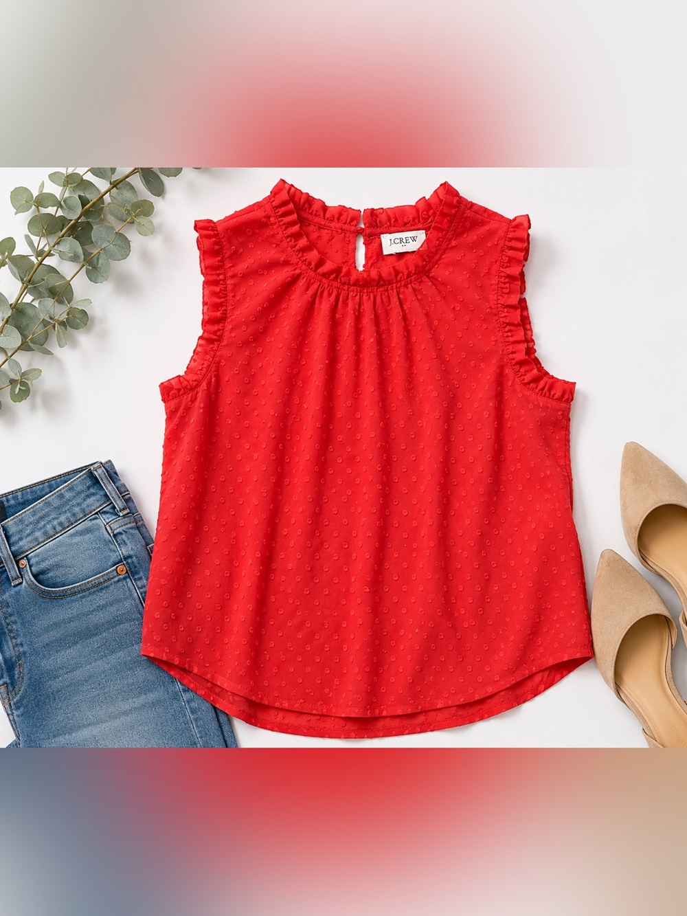 J.Crew Red Swiss Dot Ruffle Sleeveless Blouse Top-SZ M
